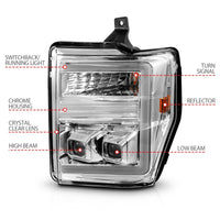 ANZO 08-10 Ford F-250 - F-550 Super Duty Projector Headlights w/ Light Bar Switchback Chrome Housing - Burkken Auto Parts