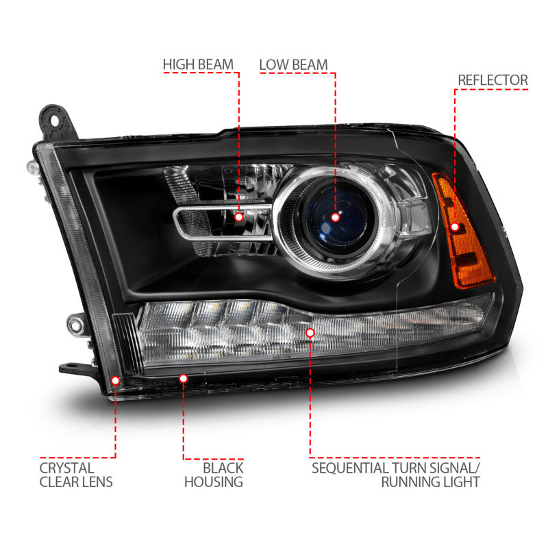 ANZO 09-18 Dodge Ram 1500/2500/3500 LED Plank Style Headlights Switchback + Sequential - Matte Black - Burkken Auto Parts
