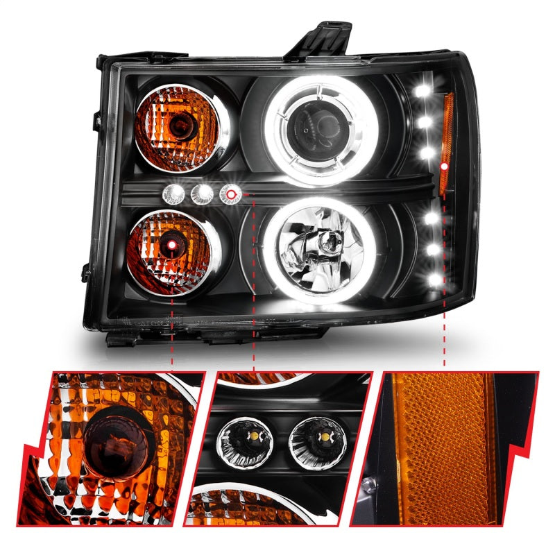 ANZO 2007-2013 GMC Sierra 1500 Projector Headlights w/ Halo Black - Burkken Auto Parts