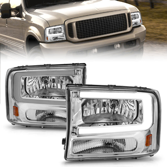 ANZO 99-04 Ford F250/F350/F450/Excursion (excl. 99) Crystal Headlights - w/ Light Bar Chrome Housing - Burkken Auto Parts