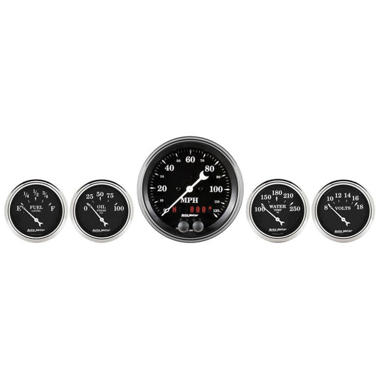 Auto Meter Gauge Kit 5 pc. 3 3/8in & 2 1/16in GPS Speedometer Old Tyme Black - Burkken Auto Parts