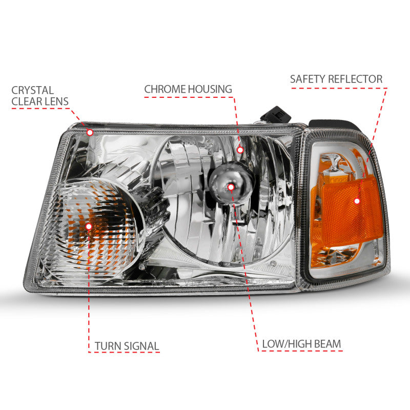 ANZO 2001-2011 Ford Ranger Crystal Headlight Chrome w/Corner Lights (OE Replacement) - Burkken Auto Parts