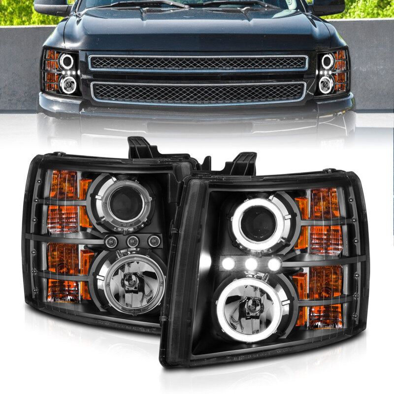 ANZO 2007-2013 Chevrolet Silverado 1500 Projector Headlights w/ Halo Black - Burkken Auto Parts