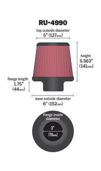 K&N Filter Universal Rubber Filter-Rd Tapered 3in Flange ID x 6in Base OD x 5in Top OD x 5.563in H - Burkken Auto Parts