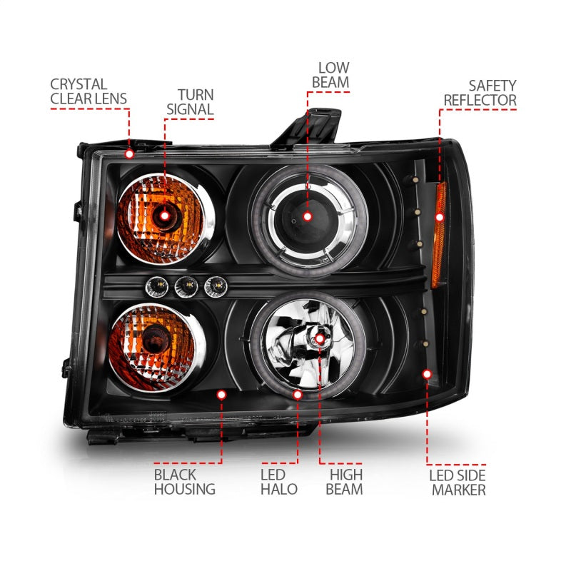 ANZO 2007-2013 GMC Sierra 1500 Projector Headlights w/ Halo Black - Burkken Auto Parts