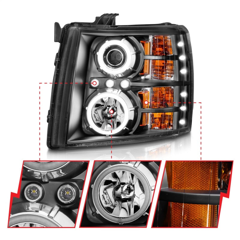ANZO 2007-2013 Chevrolet Silverado 1500 Projector Headlights w/ Halo Black - Burkken Auto Parts