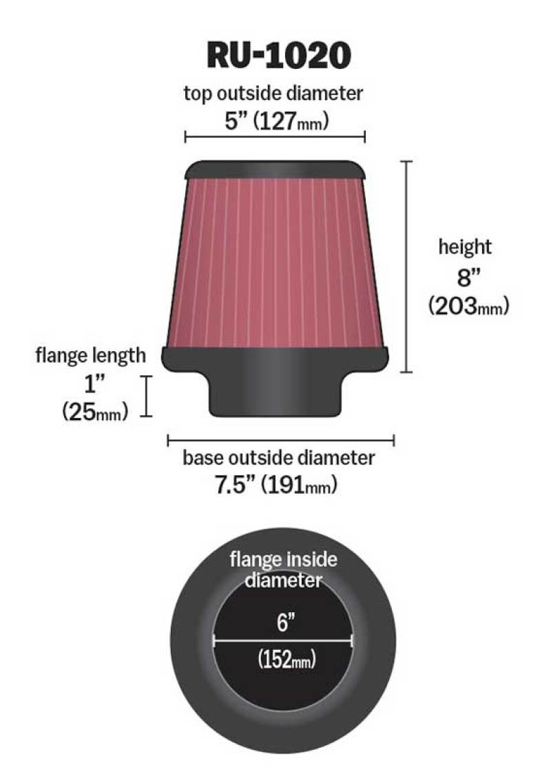 K&N Universal Tapered Filter 6in Flange ID x 7.5in Base OD x 5in Top OD x 8in Height - Burkken Auto Parts