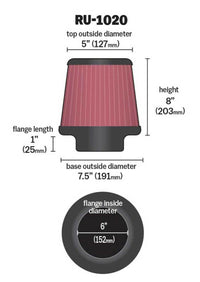 K&N Universal Tapered Filter 6in Flange ID x 7.5in Base OD x 5in Top OD x 8in Height - Burkken Auto Parts