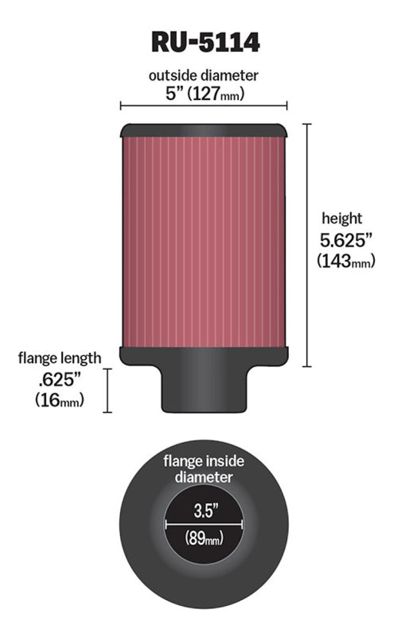 K&N Filter Universal Rubber Filter 3.5in Flange ID x 5in OD x 5.625in H - Burkken Auto Parts