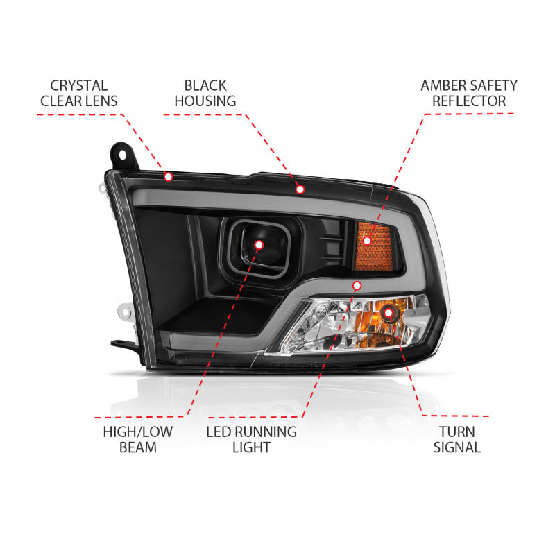 ANZO 09-18 Dodge Ram 1500 Plank Style Projector Headlights Black w/ Halo - Burkken Auto Parts
