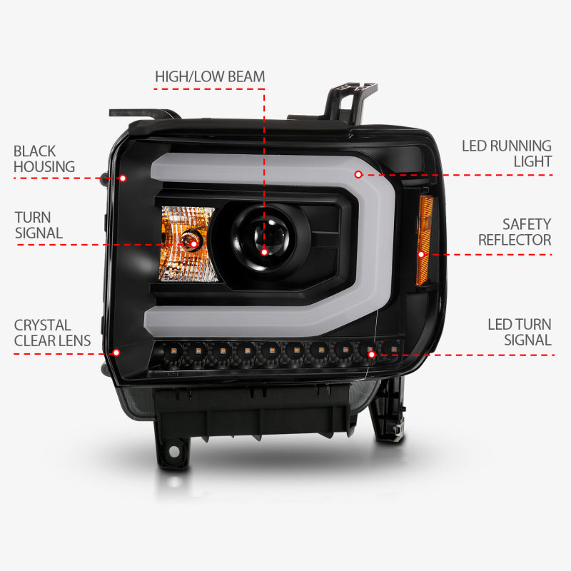 ANZO 2014-2015 GMC Sierra 1500 Projector Headlights w/ Light Bar Black Housing (Halogen Type) - Burkken Auto Parts