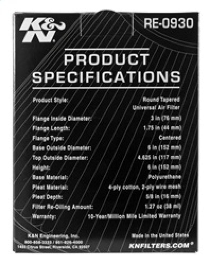 K&N Universal Rubber Filter - Round Tapered 6in Base OD x 3in Flange ID x 6in H - Burkken Auto Parts