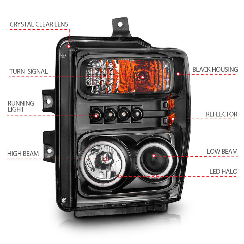 ANZO 2008-2010 Ford F-250 Projector Headlights w/ Halo Black (CCFL) - Burkken Auto Parts