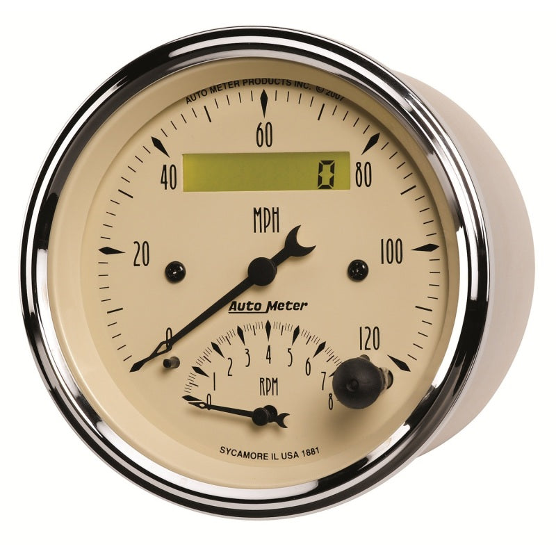 AutoMeter Gauge Tach/Speedo 3-3/8in. 120MPH & 8K RPM Elec. Program. Antq Beige - Burkken Auto Parts