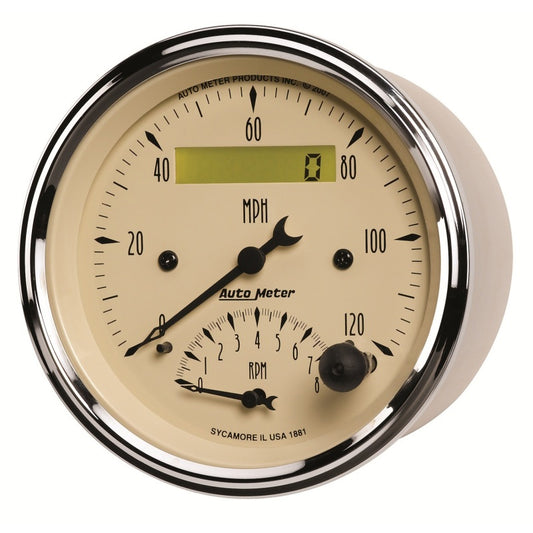 AutoMeter Gauge Tach/Speedo 3-3/8in. 120MPH & 8K RPM Elec. Program. Antique Beige