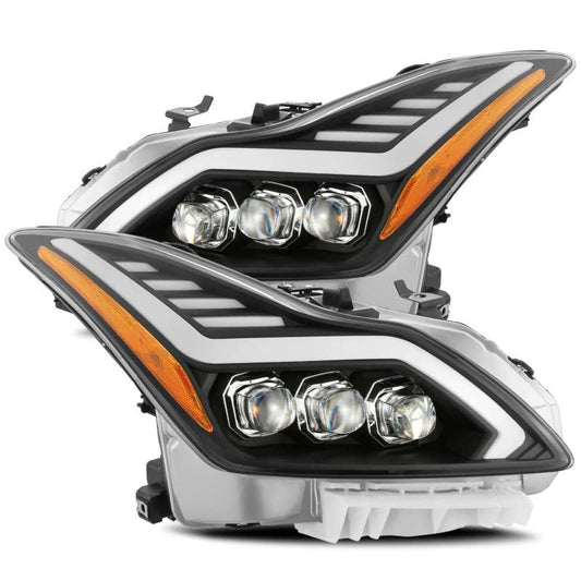 AlphaRex 08-13 Infiniti G37 Coupe SD NOVA LED Proj Headlights Plank Gloss Blk w/Activ Light/Seq Sig - Burkken Auto Parts