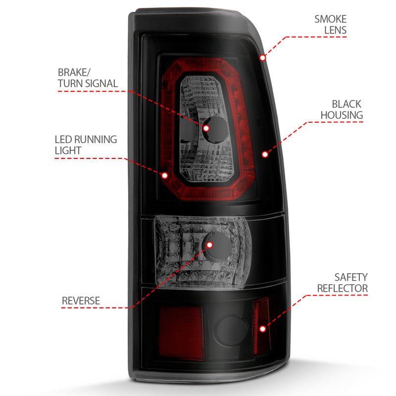 ANZO 1999-2002 Chevy Silverado 1500 LED Taillights Plank Style Black w/Smoke Lens - Burkken Auto Parts