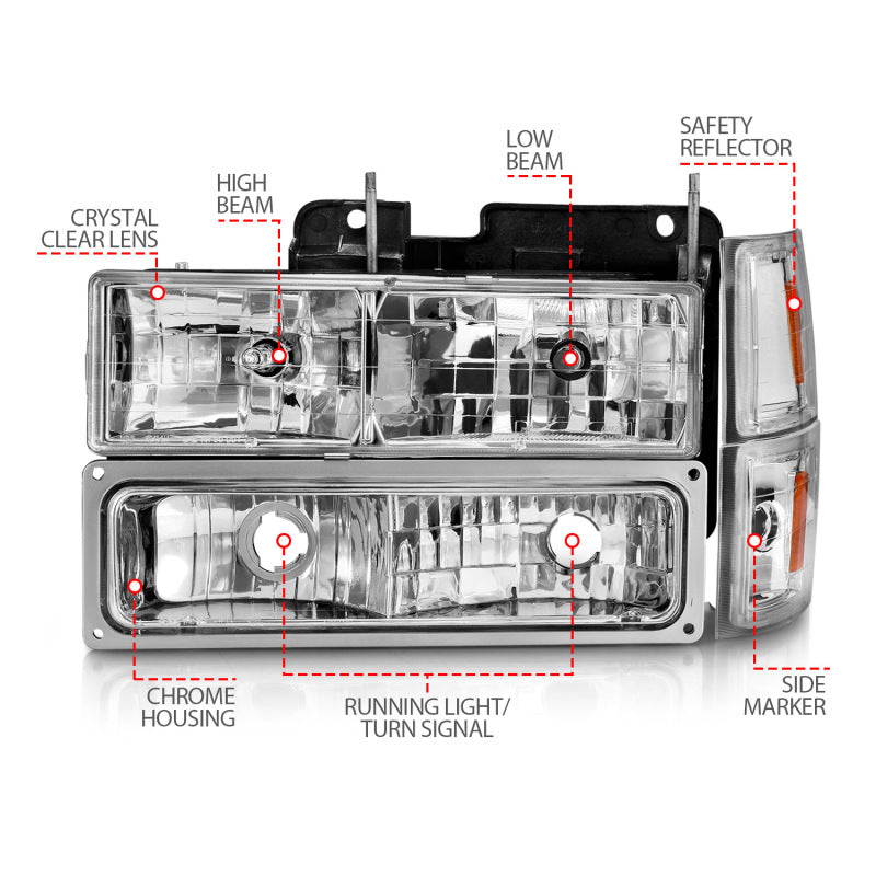 ANZO 88-98 Chevrolet C1500 Crystal Headlights Chrome w/ Signal and Side Marker Lights - Burkken Auto Parts