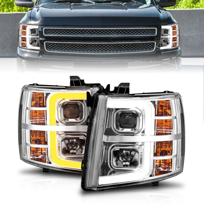 ANZO 2007-2013 Chevrolet Silverado 1500 Projector w/ Light Bar Chrome Housing w/ Sequential - Burkken Auto Parts