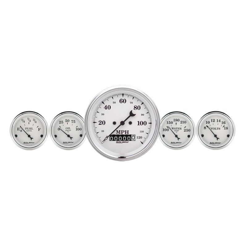 AutoMeter Gauge Kit 5 Pc. 3-3/8in. & 2-1/16in. Elec. Speedometer Old Tyme White - Burkken Auto Parts