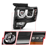 ANZO 2009-2014 Ford F-150 Projector Headlights w/ U-Bar Switchback Black w/ Amber - Burkken Auto Parts