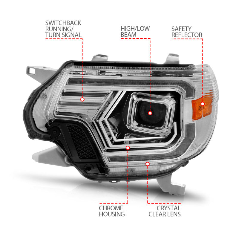 ANZO 12-15 Toyota Tacoma Projector Headlights - w/ Light Bar Switchback Chrome Housing - Burkken Auto Parts