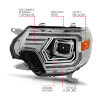 ANZO 12-15 Toyota Tacoma Projector Headlights - w/ Light Bar Switchback Chrome Housing - Burkken Auto Parts
