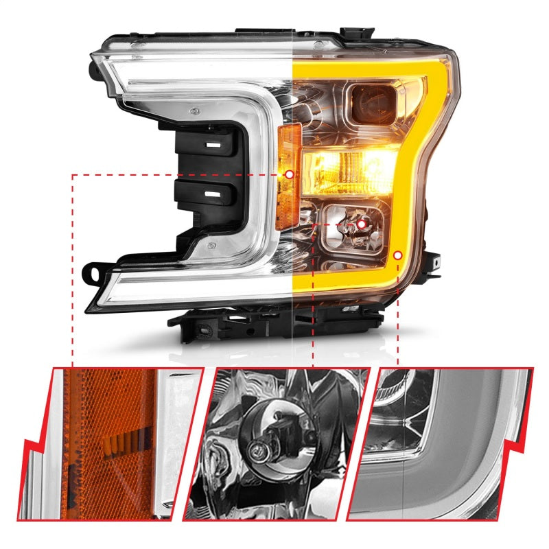 ANZO 2018-2020 Ford F-150 Projector Headlight w/Plank Style Switchback Chrome Housing - Burkken Auto Parts