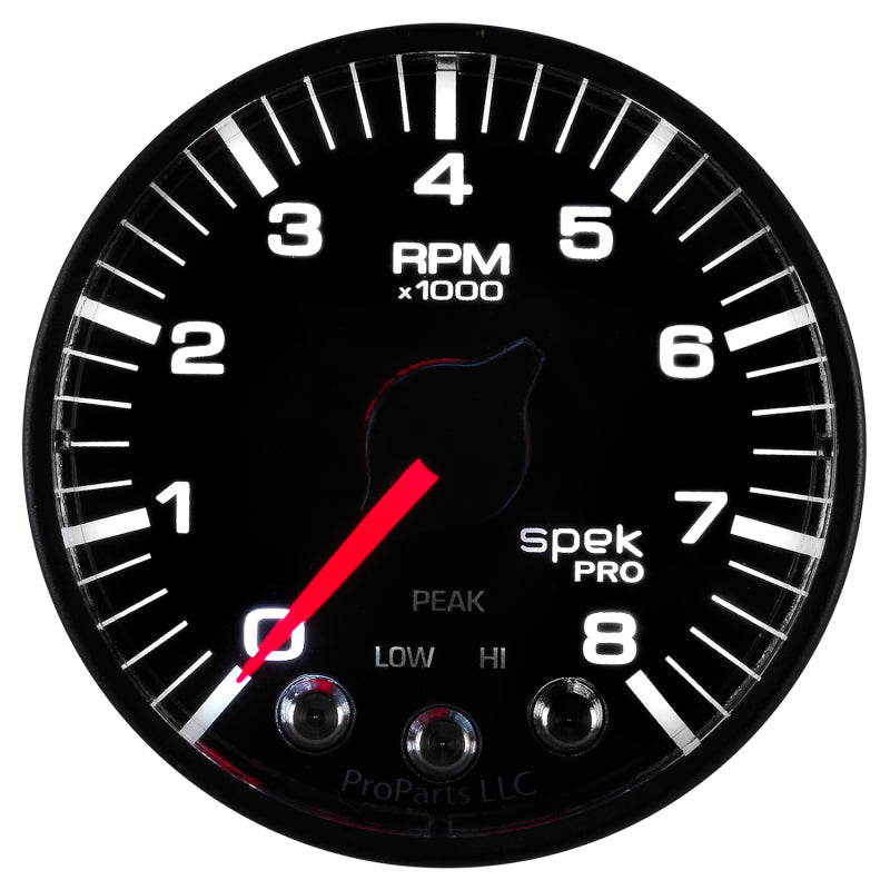 Autometer Spek-Pro Black 2 1/16 inch 8K RPM Tach w/ Shift Light and Peak Memory - Burkken Auto Parts