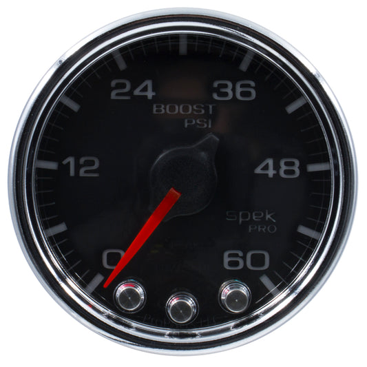Autometer Spek-Pro Gauge Boost 2 1/16in 60psi Stepper Motor W/Peak & Warn Blk/Chrm - Burkken Auto Parts