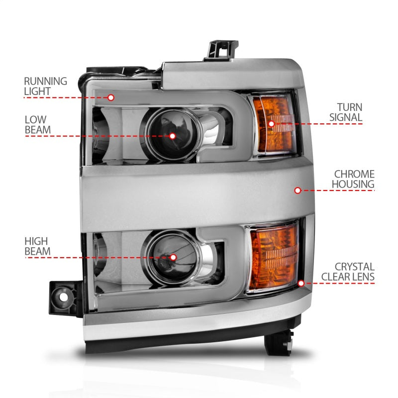 ANZO Projector Headlights 15-17 Chevrolet Silverado 2500HD / 3500HD Chrome w/ Chrome Rim - Burkken Auto Parts