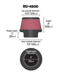 K&N Filter 6 inch Flange 7.5 inch Base 4.5 Top 4 inch Height - Burkken Auto Parts
