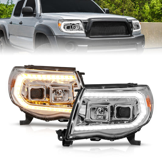 ANZO 05-11 Toyota Tacoma Projector Headlights w/Light Bar Switchback Chrome Housing - Burkken Auto Parts