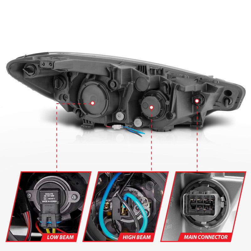ANZO 2014-2016 Kia Forte Projector Headlights w/ Light Bar Black Housing w/ DRL - Burkken Auto Parts