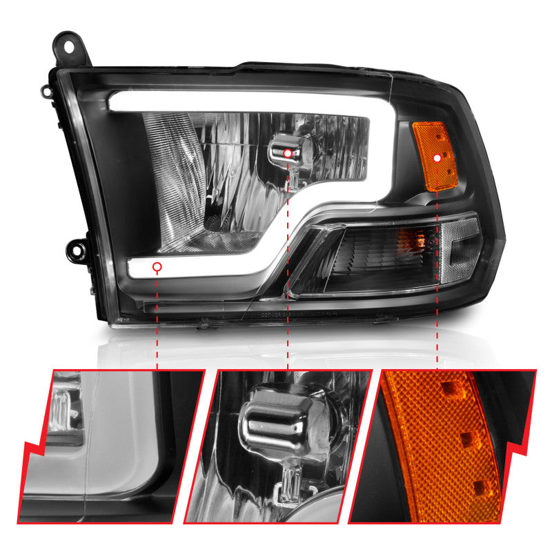 ANZO 2009-2018 Dodge Ram 1500 Crystal Headlights w/ Light Bar Black Housing - Burkken Auto Parts