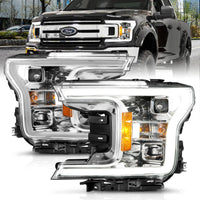 ANZO 18-19 Ford F-150 Projector Headlights w/Plank Style Switchback Chrome w/Amber - Burkken Auto Parts