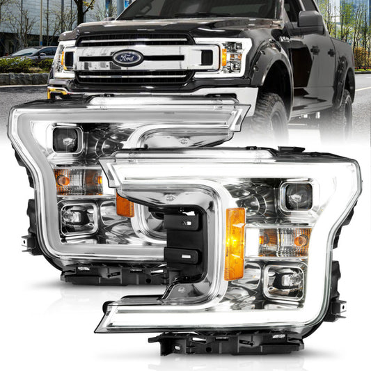 ANZO 18-19 Ford F-150 Projector Headlights w/Plank Style Switchback Chrome w/Amber - Burkken Auto Parts