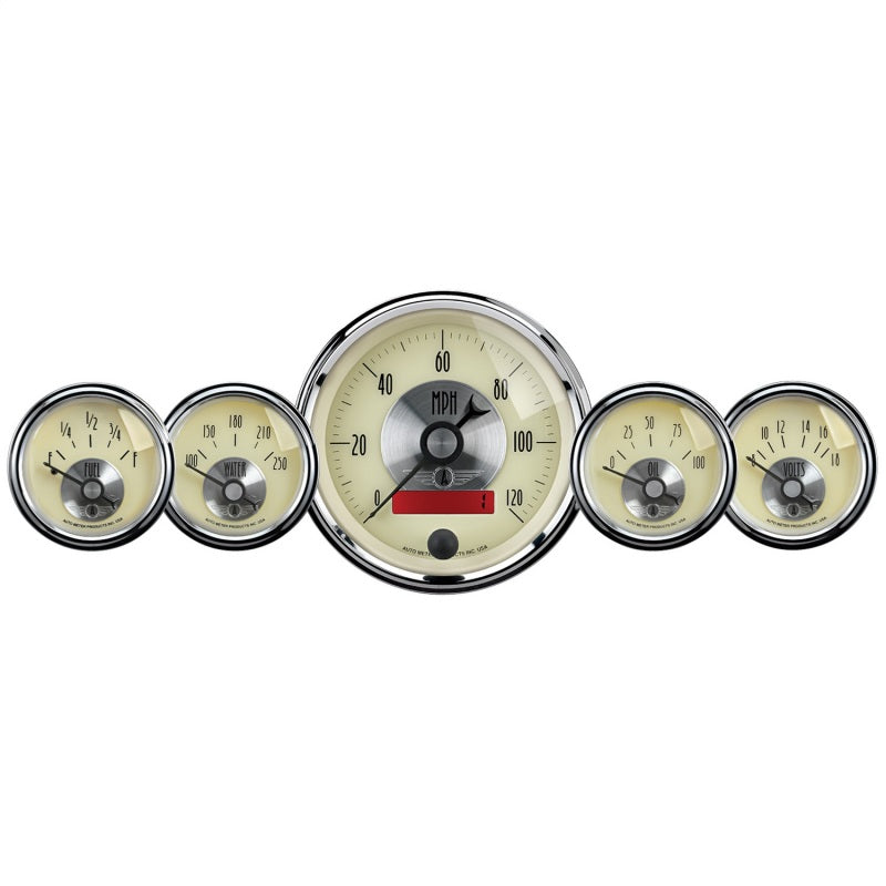 AutoMeter Gauge Kit 5 Pc. 3-3/8in. & 2-1/16in. Elec. Speedo W/Lcd Odo Prestige Antq. Ivory - Burkken Auto Parts