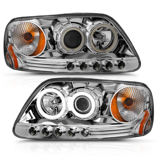 ANZO 1997.5-2003 Ford F-150 Projector Headlights w/ Halo Chrome 1pc - Burkken Auto Parts