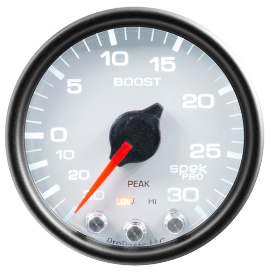 Autometer Spek-Pro Gauge Vac/Boost 2 1/16in 30Inhg-30psi Stepper Motor W/Peak & Warn White/Black - Burkken Auto Parts