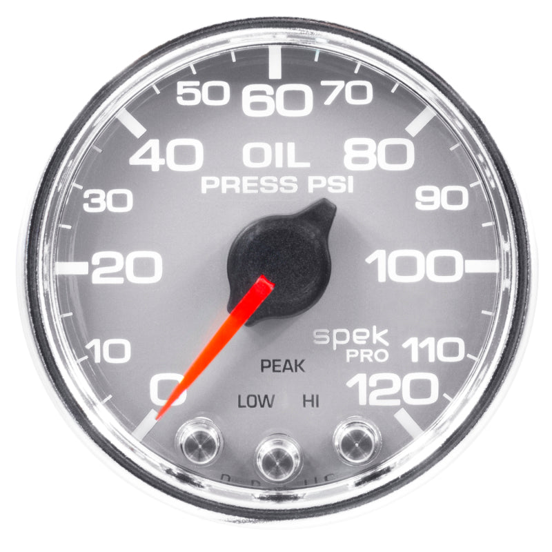 Autometer Spek-Pro Gauge Oil Press 2 1/16in 120psi Stepper Motor W/Peak & Warn Slvr/Chrm - Burkken Auto Parts
