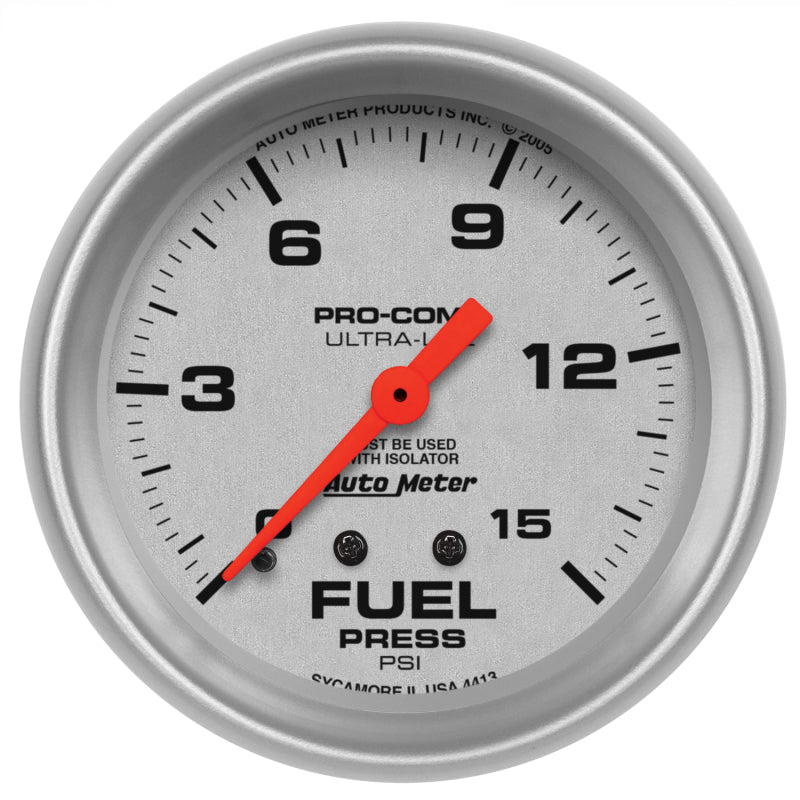 AutoMeter Gauge Fuel Pressure 2-5/8in. 15PSI Mechanical W/Isolator Ultra-Lite - Burkken Auto Parts