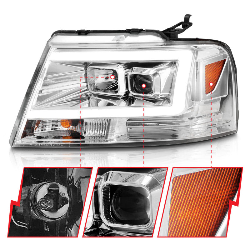 ANZO 2004-2008 Ford  F-150 Projector Headlights w/ Light Bar Chrome Housing - Burkken Auto Parts