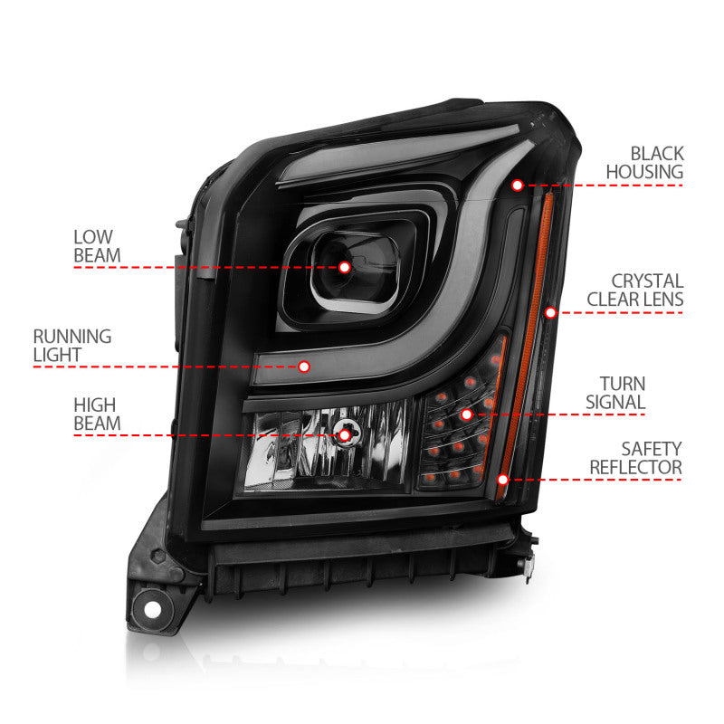 ANZO 15-17 GMC Yukon/Yukon XL Projector Headlights Black Housing/Clear Lens (w/ Light Bars) - Burkken Auto Parts