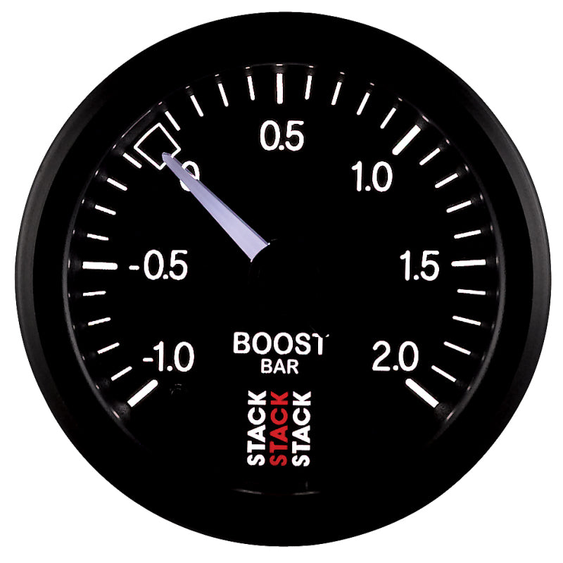 Autometer Stack 52mm -1 to +2 Bar T-Fitting 0.187in Barb (M) Mechanical Boost Pressure Gauge - Black - Burkken Auto Parts
