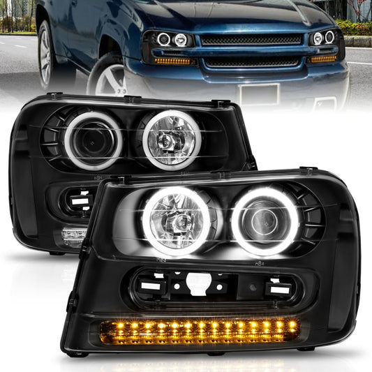 ANZO 2002-2009 Chevrolet Trailblazer Projector Headlights w/ Halo Black - Burkken Auto Parts