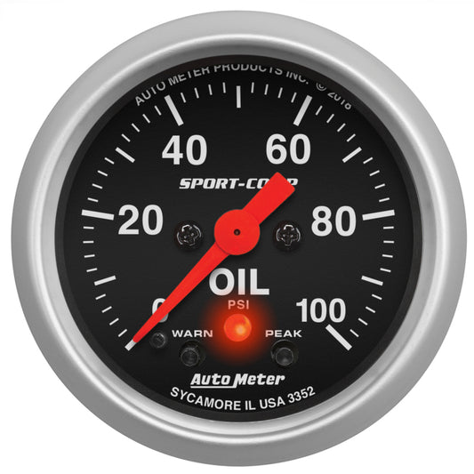 Autometer 2-1/16in Oil Pressure w/Peak & Warn 0-100 PSI Stepper Motor Sport-Comp - Burkken Auto Parts