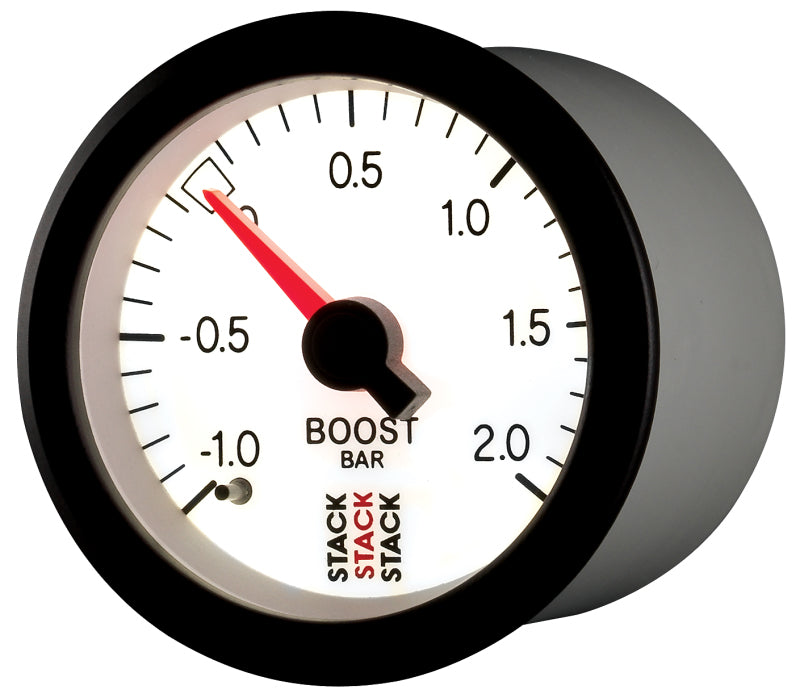 Autometer Stack 52mm -1 to +2 Bar T-Fitting 0.187in Barb (M) Mechanical Boost Pressure Gauge - White - Burkken Auto Parts