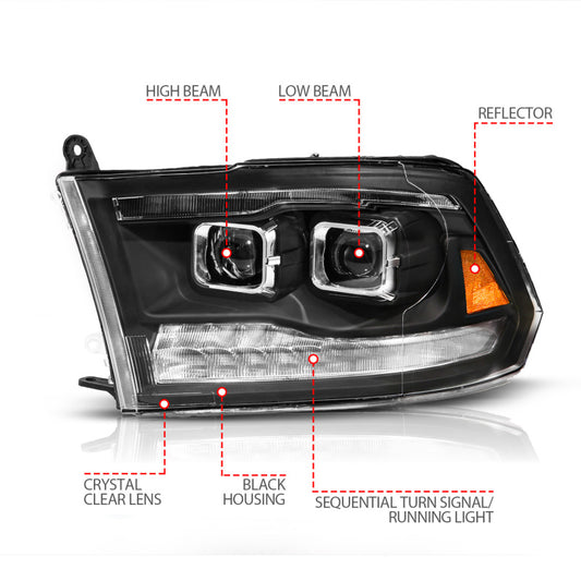 ANZO 09-19 Dodge RAM 1500 / 10-18 2500/3500 LED Proj Headlights SeqSig Black - Pair