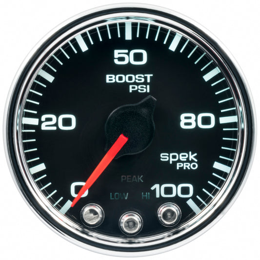 Autometer Spek-Pro Gauge Boost 2 1/16in 100psi Stepper Motor W/Peak & Warn Blk/Chrm - Burkken Auto Parts